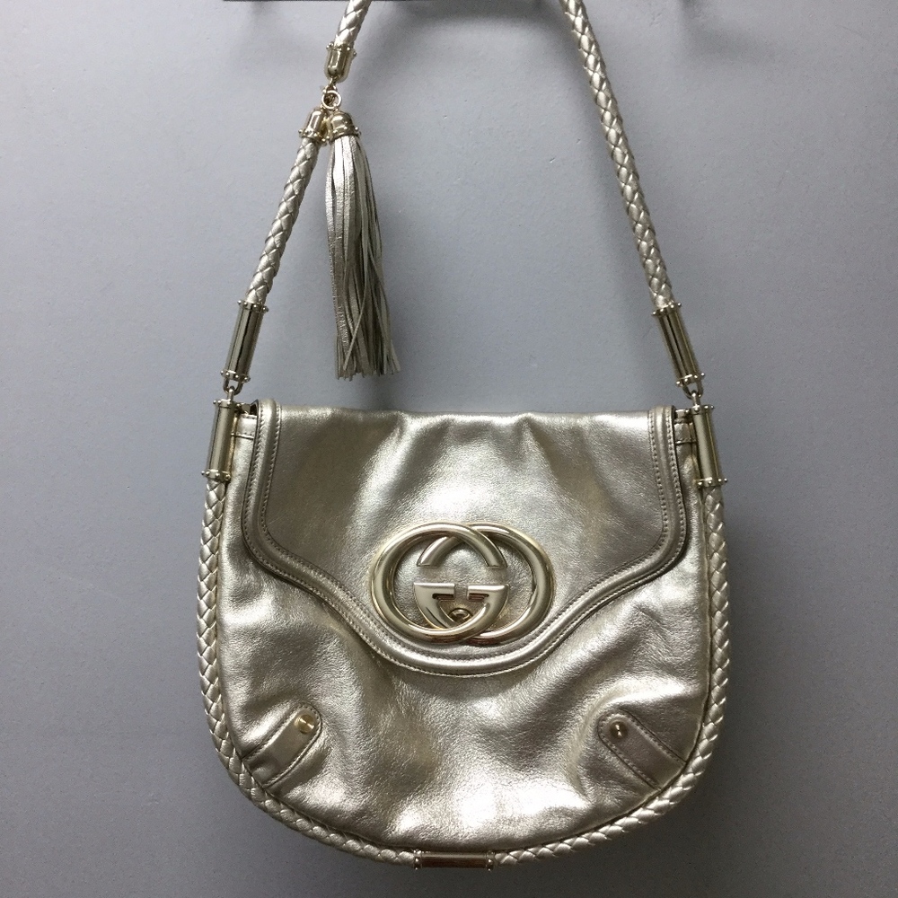 Gucci gold Britt tassel metallic leather shoulder